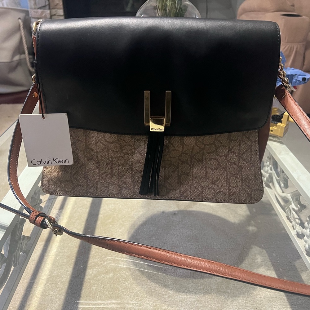 Calvin Klein Black Flap & Brown Monogram Crossbody with Tassel